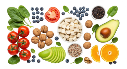 Healthy food arrangement with fresh fruits and vegetables