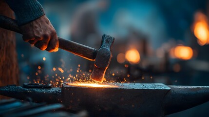 Blacksmith Hammering Hot Metal on Anvil Sparks Flying.