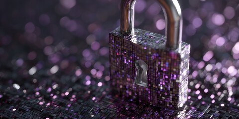 Metallic padlock covered in shimmering purple mosaic rests on a glittering surface with bokeh effects