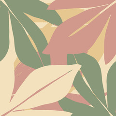 Abstract botanical pattern with overlapping leaves in muted pastel colors.