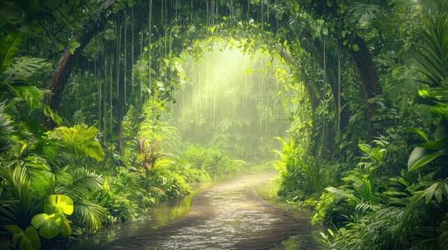 A winding jungle trail in the rainforest with lush vegetation - Powered by Adobe