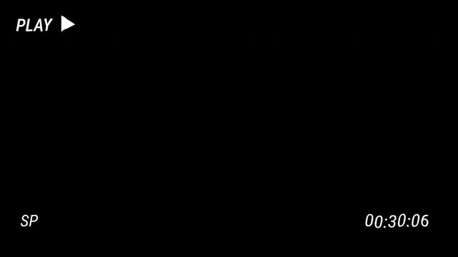 vhs tape playing vintage animation motion black background. Old VHS play and timecode 1 minutes. 4K Video