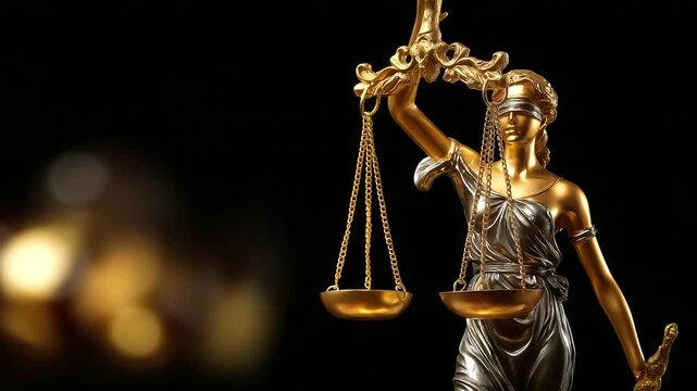 Golden justice statue close-up against dramatic black background, legal system symbol, law and justice concept, scales of balance, professional legal imagery, with copy space