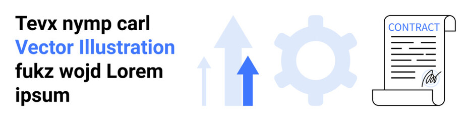 Business growth, contract management, strategic planning, agreements, productivity, innovation. Graphic with arrows, gear and contract document. Business growth and contract management concept