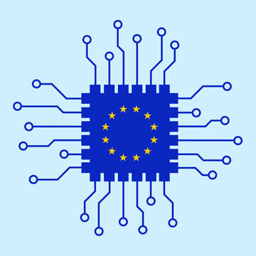 Chip, microchip and semiconductor manufacture and production in Europe and European Union. EU countries and cybernetic, it and computer technology through Chips Act. Vector illustration isolated.