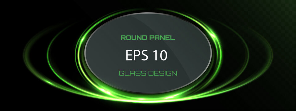 Modern green glowing oval glass panel with neon light rings and dynamic energy trails on dark transparent background.
