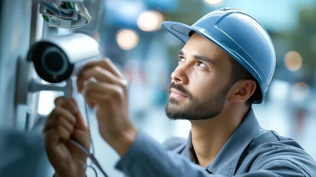 Close-up of experienced male technician's hands installing security camera in commercial building, professional surveillance equipment setup, technical installation work, with copy