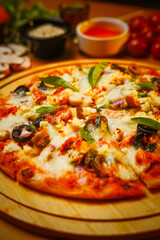 Freshly Baked Italian Pizza With Mozzarella, Basil and Tomato Sauce Served on Wooden Board
