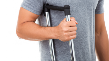 Close up of a man holding a metal crutch under his arm, isolated on a transparent background, providing a clear and focused view of the support device