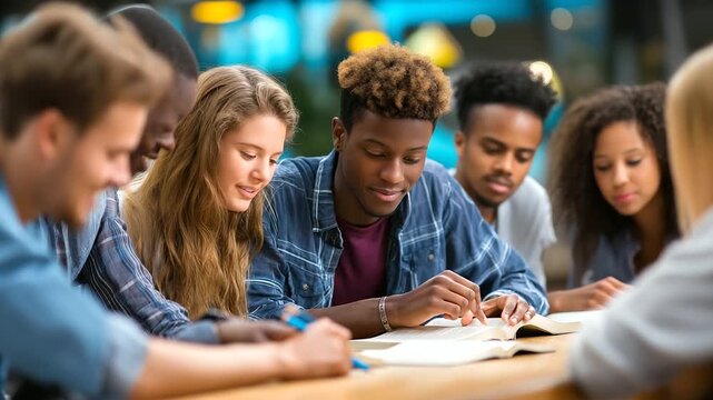 Diverse young people of multiple ethnicities gathered around wooden desk studying and reading Bible together, interfaith spiritual learning, religious education group, with copy sp