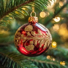 Collection of photos showcasing a luxury glass Christmas ornament with delicate gold filigree, hand-painted details, green fir branches, and warm golden bokeh lights creating a magical festive glow.