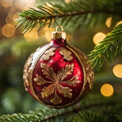 Collection of photos showcasing a luxury glass Christmas ornament with delicate gold filigree, hand-painted details, green fir branches, and warm golden bokeh lights creating a magical festive glow.