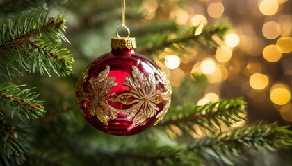 Collection of photos showcasing a luxury glass Christmas ornament with delicate gold filigree, hand-painted details, green fir branches, and warm golden bokeh lights creating a magical festive glow.