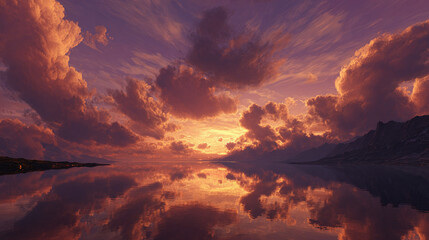 A breathtaking sunset reflecting in a tranquil lake, with fluffy clouds and a colorful sky