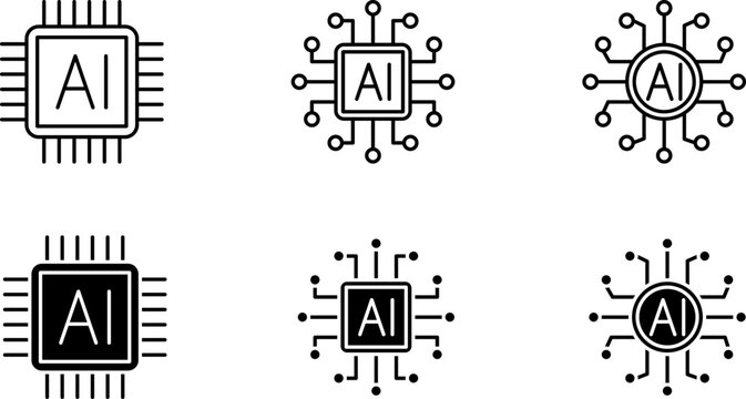 Artificial Intelligence (AI) Processor Icons &ndash; Minimalist Microchip and Circuitry Symbols