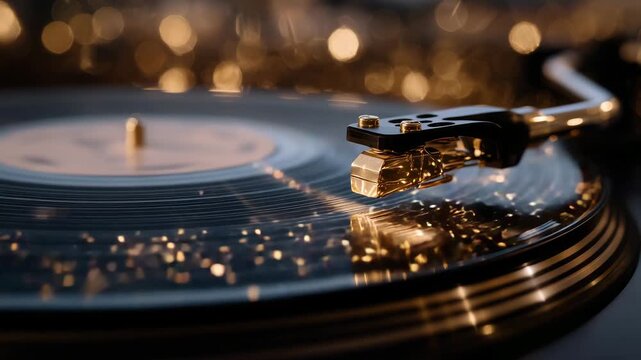 291Macro shot of record player needle on vinyl, golden highlights reflecting off grooves, textured platter surface, evoking nostalgia and analog warmth