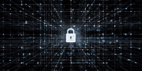 Glowing digital padlock illuminates a complex three dimensional grid structure representing data security