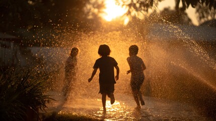 Children playing in water sprinklers at sunset.