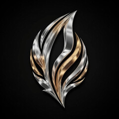 Abstract metallic flame logo with silver and gold accents.