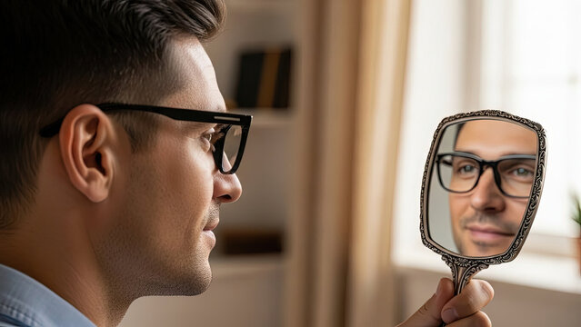 Man looking at reflection in a handheld mirror while sitting indoors  