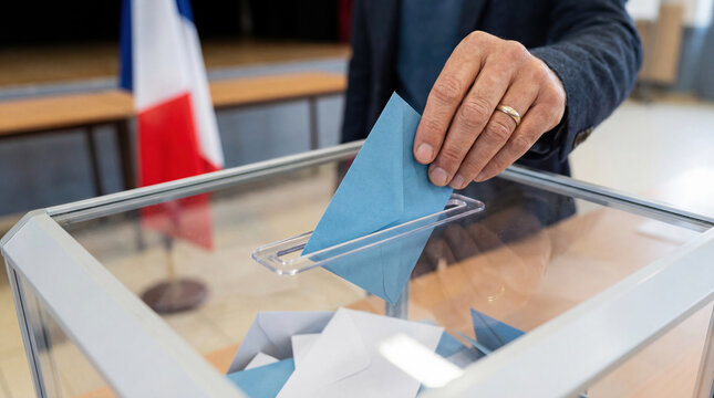 Close-up of a voter's hand casting a ballot into a transparent box during an election in France. Blue envelope being inserted with a blurred French flag in the background at a polling station.