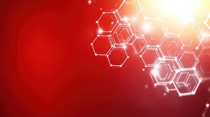 Abstract representation of interconnected hexagonal structures with glowing lights on a red background