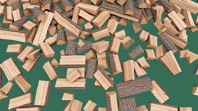 Pile of chopped wood logs stacked and scattered on a green background for rustic backgrounds