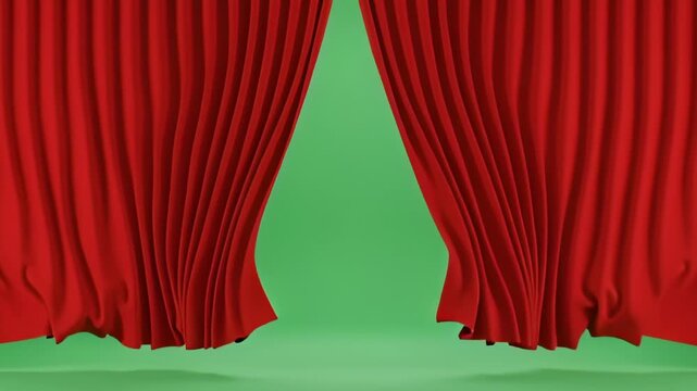 Red velvet curtains reveal and conceal in a theatrical presentation sequence