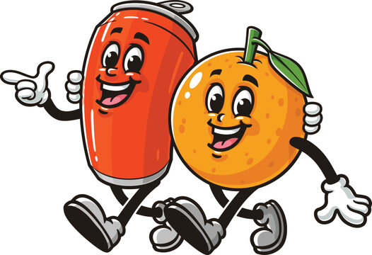 Cartoon of orange and soft drink can walking together