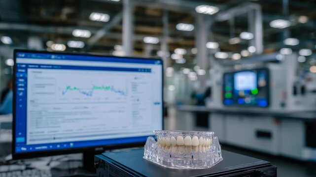 2393D dental printing workstation producing crowns, implants, or orthodontic models, AI analytics displaying real-time design adjustments and cloud-connected patient data