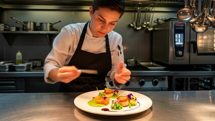 Chef Precisely Garnishing Scallop Dish with Edible Flowers in Professional Kitchen Setting, High-End Culinary Artistry