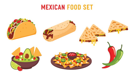 Vibrant Mexican food set: tacos, burritos, nachos, quesadillas, guacamole & elote. Perfect for menus, apps, websites & culinary designs. Flat vector illustrations