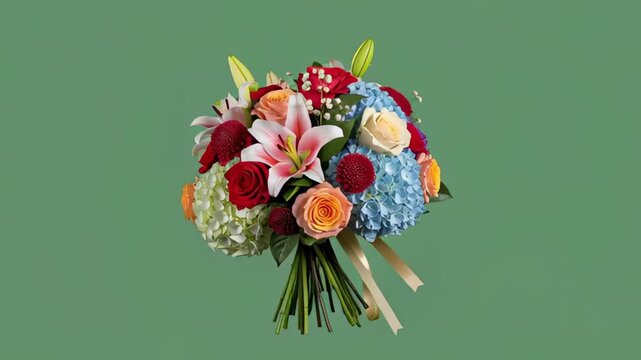 Vibrant floral arrangement showcase featuring roses lilies and hydrangeas on a muted backdrop