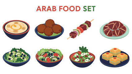 Arab food set featuring hummus, falafel, kebab, baklava & salads. Ideal for menus, apps, websites & culinary designs. Flat vector illustrations