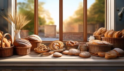 a vintage bakery window with 3d rendered organic bread and pastries arranged beautifully
