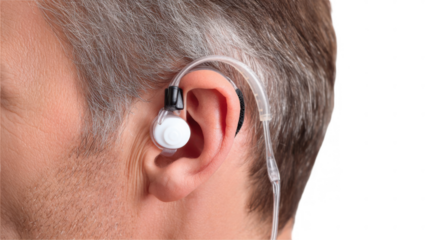 Close up profile of young woman wearing hearing aid, focusing on the concept of hearing loss, hearing solutions, and audiology, with transparent background for easy integration into various designs