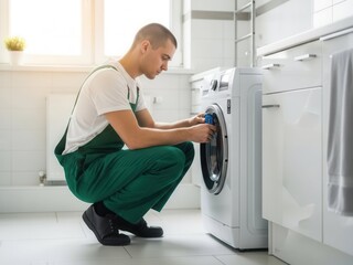 Professional Technician Repairing Washing Machine in Modern Laundry Room, Providing Expert Domestic Appliance Service with Focus