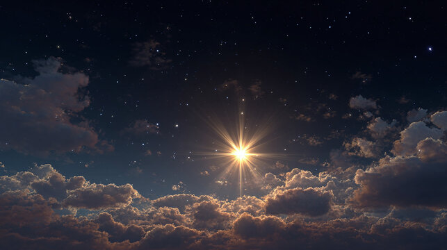 A celestial star illuminates the night sky, casting a radiant glow among fluffy clouds. The scene is both serene and captivating.