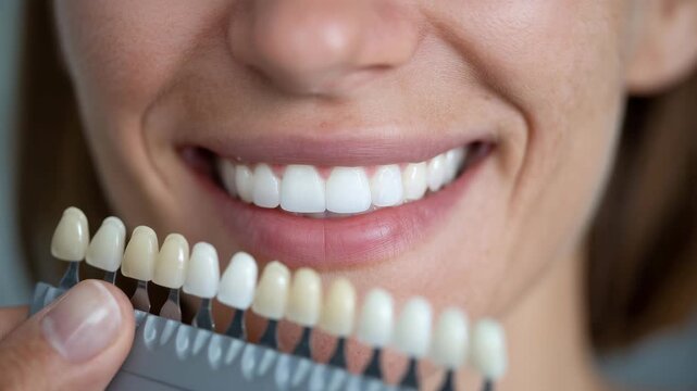 Cinematic close view of a shade guide being held next to the patient&rsquo;s polished white teeth, each tooth tab captured with sharp clarity and natural shadows