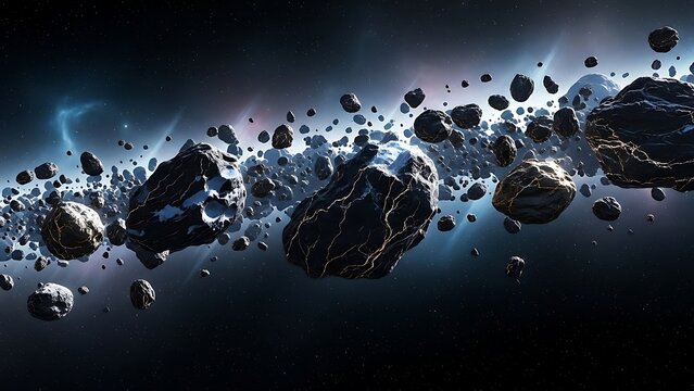 Navigating through a dense and expansive asteroid field in the vast cosmos. The astroid belt holds ancient space secrets.