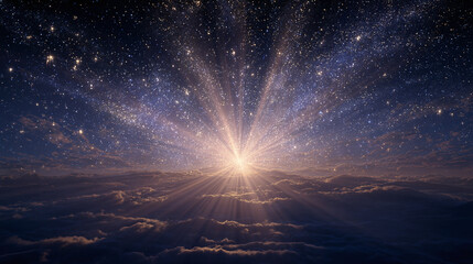 A radiant sunburst illuminating the cosmos, a celestial spectacle of light and wonder. A symphony of stars explodes from the core, igniting an ethereal realm. A cosmic dance of light unfolds