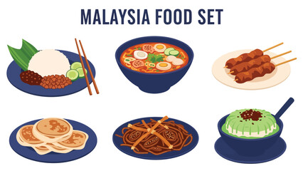 Malaysia food set featuring Satay, Laksa, Nasi Lemak & more. Perfect for menus, apps, websites & culinary designs. Flat vector illustrations