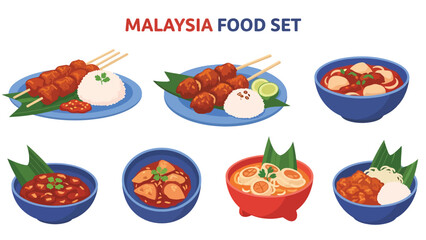 Malaysia food set featuring Satay, Laksa, Nasi Lemak & more. Perfect for menus, apps, websites & culinary designs. Flat vector illustrations