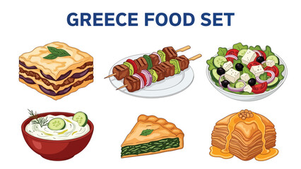 Greek food set featuring Moussaka, Gyro, Souvlaki, Greek Salad & Spanakopita. Perfect for menus, apps, websites & culinary designs. Flat vector illustrations