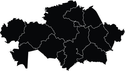 Black silhouette map of Kazakhstan with internal regional borders for geographic, political, and educational visualization