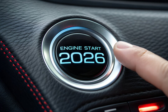 Hand Pressing Illuminated 2026 Car Engine Start Button Concept