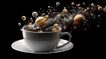 Planetary brew A teacup overflows with swirling space, orbs, and golden bubbles