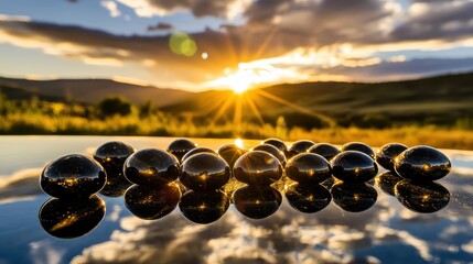 Array of perfectly spherical polished obsidian marbles reflecting a golden sunset over a tranquil lake and rolling hills