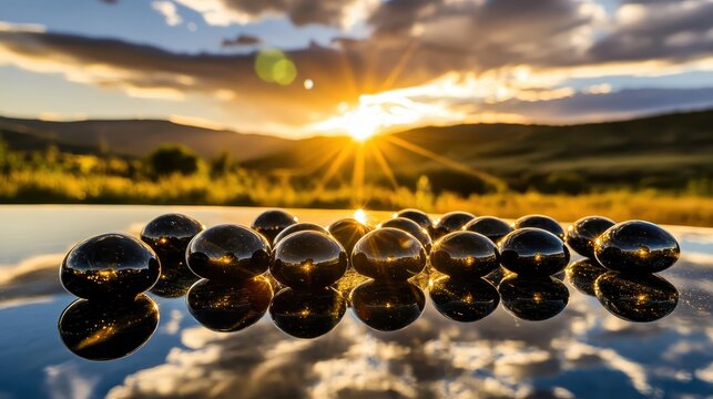 Array of perfectly spherical polished obsidian marbles reflecting a golden sunset over a tranquil lake and rolling hills - Powered by Adobe
