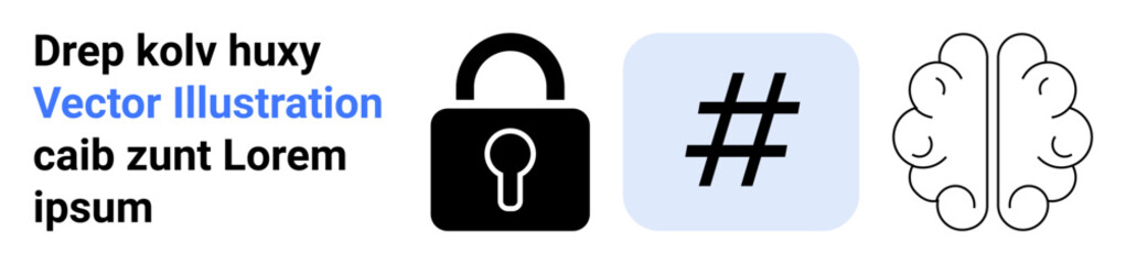 Lock icon, metadata tag symbol on blue background, and linear brain illustration highlight security, technology, creativity, and data trends. Ideal for tech security apps, innovation blogs, social